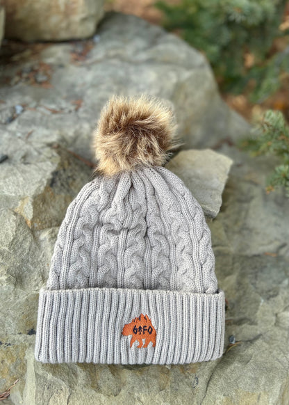 taupe tan pom pom toque with grizzly logo, gtf outside, gtfo