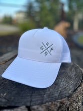 Load image into Gallery viewer, white pony tail hat with grey embroidered logo, gtf outside, gtfo

