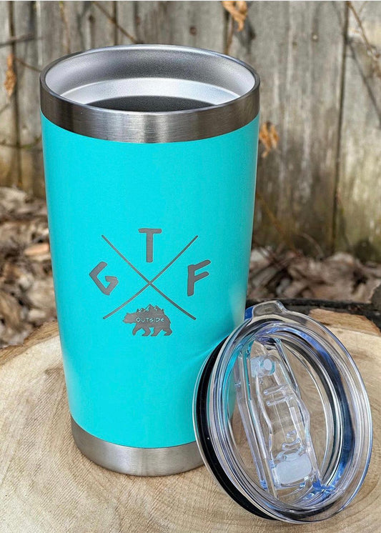 aqua tumbler with gtf outside bear logo. coffee mug. gtfo