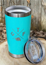 Load image into Gallery viewer, aqua tumbler with gtf outside bear logo. coffee mug. gtfo
