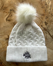 Load image into Gallery viewer, white pom pom toque with grizzly logo. gtf outside. gtfo
