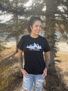 unisex earth friendly black tee with white gtf outside logo with bear, mountains and trees. gtfo. ladies. men. tee. t-shirt.
