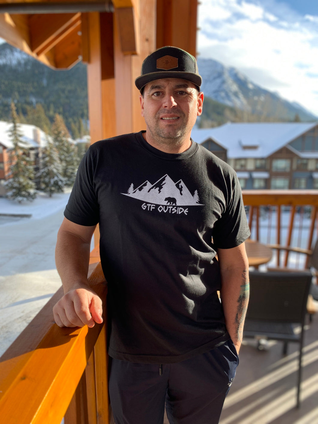 earth friendly unisex black tee with white gtf outside logo with bear mountains and trees. ladies. men. gtfo. shirt. t-shirt.