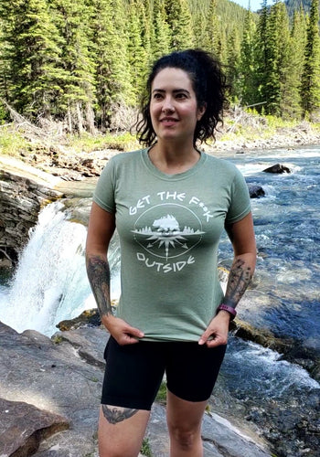sage green ladies t-shirt with white be bold get the f outside logo with bear,  mountains and compass. gtf outside. gtfo. ladies shirt. womens fitted tee