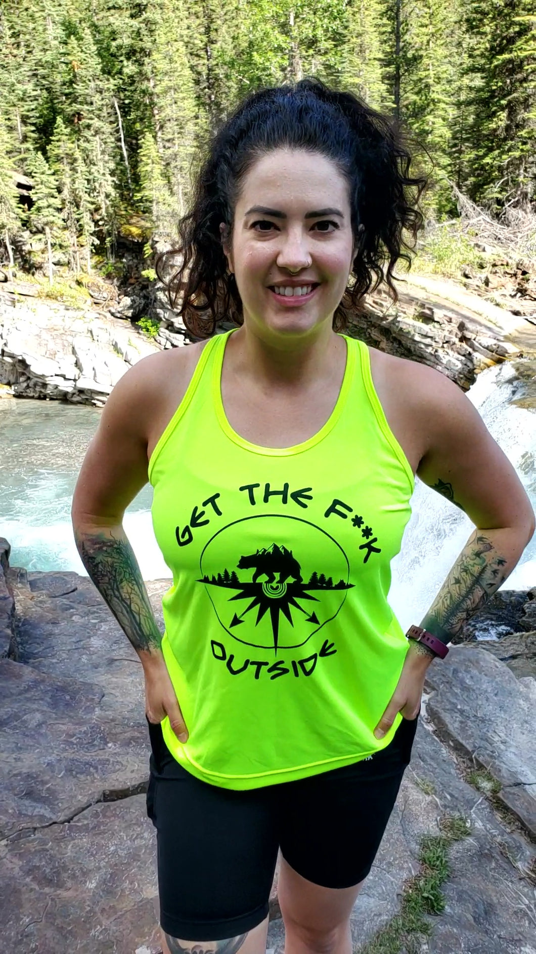 ladies neon yellow athletic tank with black be bold get the f outside with bear, mountains and compass logo. gtf outside. gtfo. ladies workout tank. womens athletic tank
