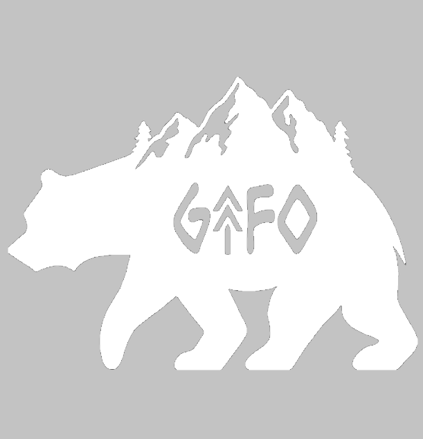 white decal with bear and mountains, gtf outside, gtfo