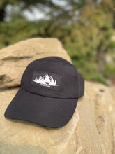 Load image into Gallery viewer, black athletic hat with black and white gtf outside logo. gtfo. logo with bear, trees and mountains
