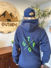 Load image into Gallery viewer, unisex navy and lime green gtfo logo hoodie. gtf outside. ladies. men. #endthesilence

