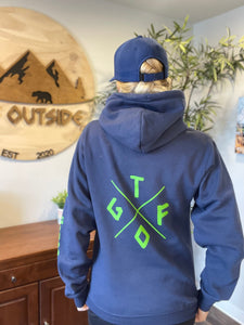 unisex navy and lime green gtfo logo hoodie. gtf outside. ladies. men. #endthesilence