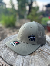 Load image into Gallery viewer, olive green mesh hat with embroidered bear with mountains gtfo logo. gtf outside
