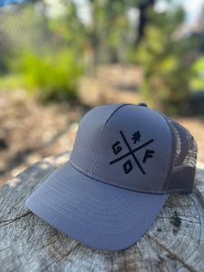 grey mesh pony tail hat with embroidered gtfo logo. gtf outside. ladies hat