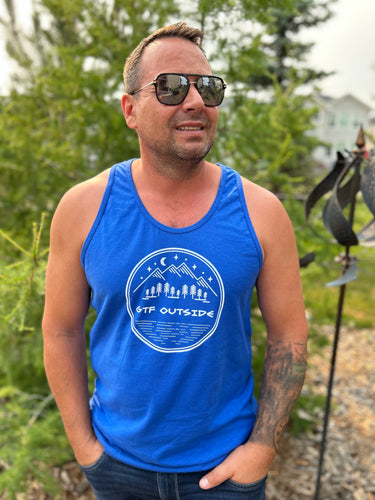 blue unisex tank with white night scene gtf outside logo. gtfo. ladies. men. logo with mountains, trees, moon and stars