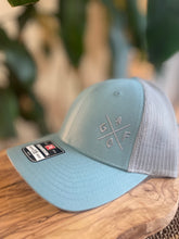Load image into Gallery viewer, smoke blue and grey mesh snap back hat with embroidered grey logo. gtf outside.
