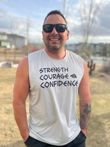 mens silver athletic tank with strength courage confidence logo. gtf outside. gtfo.
