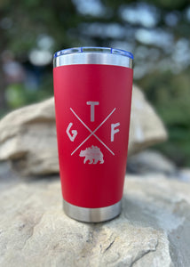 red tumbler with gtf outside bear logo. gtfo. coffee mug