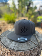 Load image into Gallery viewer, grey flat brim hat with black embroidered gtfo logo. gtf outside
