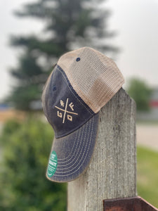 denim blue vintage hat with embroidered gtfo logo. gtf outside. cream mesh back.