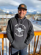 Load image into Gallery viewer, black unisex hoodie with white be bold get the f outside logo. ladies. men. logo with bear, mountains, tree and compass
