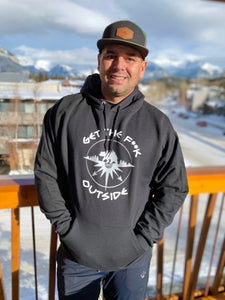 black unisex hoodie with white be bold get the f outside logo. ladies. men. logo with bear, mountains, tree and compass