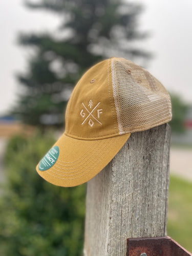yellow vintage hat with embroidered gtfo logo. gtf outside. cream mesh back
