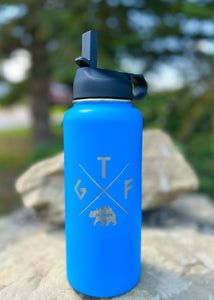 blue water bottle with straw. gtf outside bear logo. gtfo
