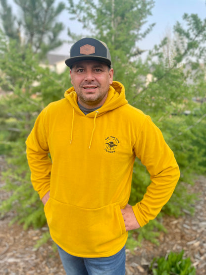 mustard yellow unisex fleece hoodie with embroidered get the f outside logo. gtfo. gtf outside. ladies. men. kangaroo pocket.