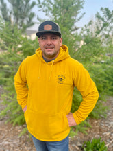 Load image into Gallery viewer, mustard yellow unisex fleece hoodie with embroidered get the f outside logo. gtfo. gtf outside. ladies. men. kangaroo pocket.
