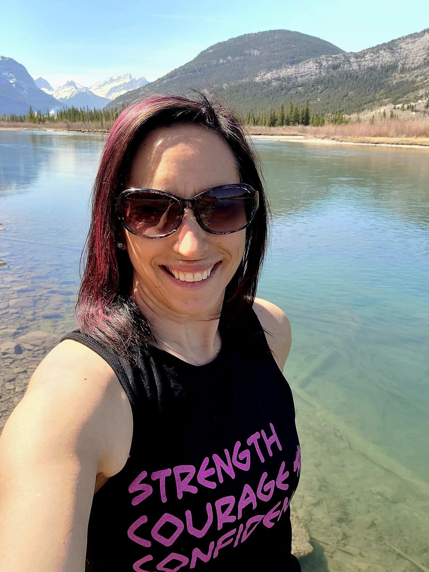 ladies black tank with pink strength courage confidence logo. gtf outside. gtfo.