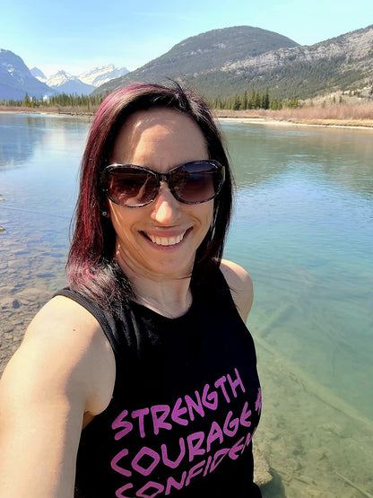ladies black tank with pink strength courage confidence logo. gtf outside. gtfo.