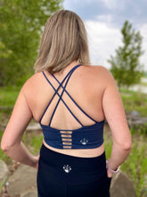 Load image into Gallery viewer, navy cross back sports bra top. gtf outside. gtfo. womens athletic wear
