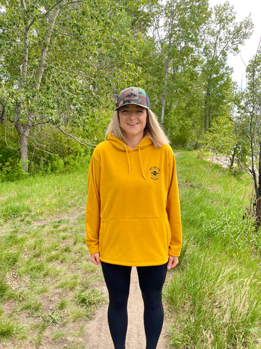 mustard yellow unisex fleece hoodie with embroidered be bold get the f outside logo. gtfo. gtf outside. hoodie. ladies. men.