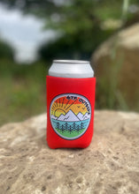 Load image into Gallery viewer, tangerine koozie with gtf outside logo. gtfo. sunrise logo with sun, mountains and trees
