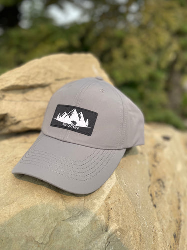 grey athletic hat with black and white gtf outside patch logo. gtfo. logo with bear, mountains and trees.