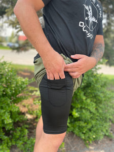 army green mens athletic shorts with underneath compression short and hidden pocket for cell phone. gtfo. gtf outside.