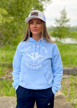 Load image into Gallery viewer, light blue unisex hoodie with white get the f outside logo with bear, mountains and compass, gtf outside. gtfo. ladies. men
