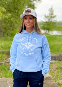 light blue unisex hoodie with white get the f outside logo with bear, mountains and compass, gtf outside. gtfo. ladies. men