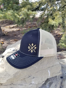 black and cream hat, cross logo, mesh back hat, gtfoutside