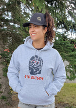 Load image into Gallery viewer, grey unisex hoodie, hoodie with bear wearing red sunglasses, gtf outside. gtfo. ladies. men
