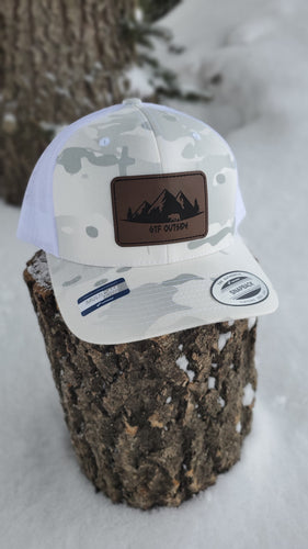 white camo hat with brown and black gtf outside logo. logo with bear mountains and trees. gtfo.