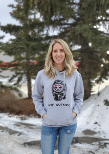 glow in the dark grey hoodie with gtf outside logo and bear wearing red sunglasses. gtfo. unisex. ladies. men.