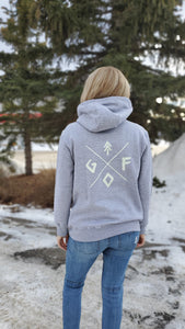 glow in the dark gtfo logo. unisex grey hoodie. ladies. men. gtf outside.