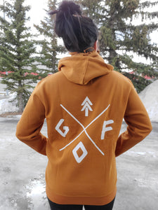 rust unisex mask hoodie with white gtfo logo. gtf outside. ladies. men.