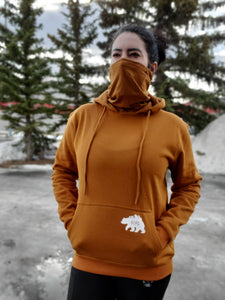 rust unisex masked hoodie with white bear gtfo logo. gtf outside. mask hoodie. ladies. men.