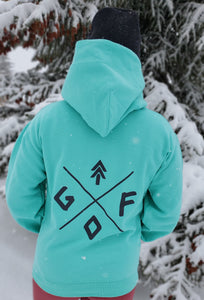 cool mint unisex hoodie with black gtfo logo. gtf outside. ladies. men.