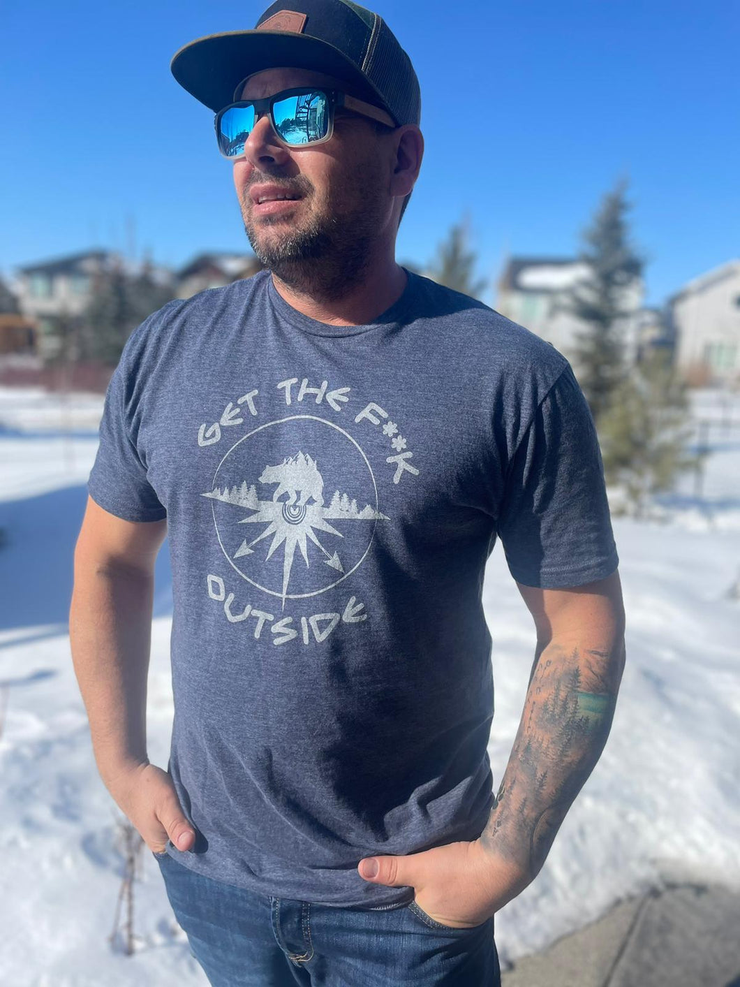 unisex heather navy tee with white be bold get the f outside logo. logo with bear, mountains, trees and compass. ladies shirt. mens t-shirt.