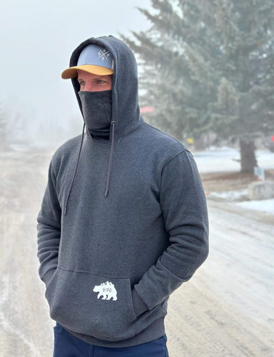 grey charcoal masked hoodie. mask hoodie with white bear gtfo logo. ladies. men. gtf outside.