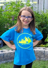 Load image into Gallery viewer, youth tee, blue shirt with yellow gtfo logo. gtf outside. kids.
