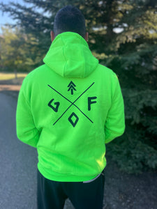 neon green unisex hoodie with black gtfo logo. ladies. men. gtf outside.