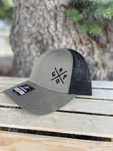 Load image into Gallery viewer, army green and black mesh hat with embroidered black gtfo logo. gtf outside. snap back.
