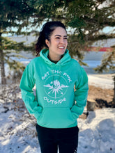 Load image into Gallery viewer, cool mint unisex hoodie with white be bold get the f outside logo. gtf outside. gtfo. ladies. men. logo with bear mountains trees and compass.
